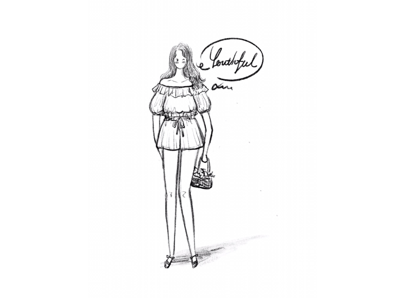 DAY45-Youthful👩🏻 boxer shorts ruffled collar blouse sandal bag long curly hair illustration girl