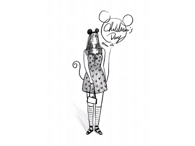 DAY52-Dhildren‘s Day🧸🎈 bag childrens day floral dress girl illustration mickey mouse sandal straight hair striped tube socks