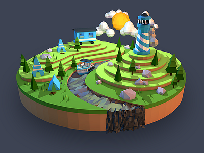 Low Poly Camping Landscape 3d c4d floating illustration island landscape water