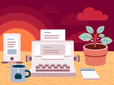 Writer's Desk blog clouds dawn illustration illustrator phone simple sun tea typewriter vector