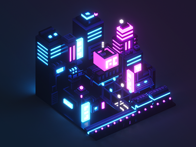 Isometric Neon City 3d city illustration low poly neon night voxel