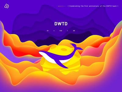 Happy first anniversary of the DWTD team anniversary color design illustration illustration design planet ui ui deisgn whale