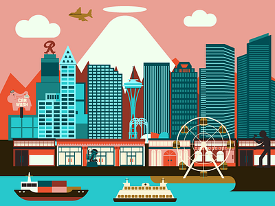 The most accurate Seattle skyline the world has ever seen brewery ferry illustration minimalist northwest pink elephant rainier seattle ship simple space needle