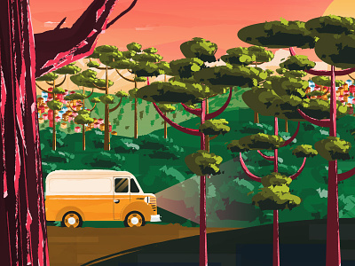 This van is ready for her close-up brushes farm illustration motion art swiss re third world trees van
