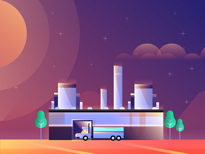 Factory building energy factory glow gradients illustration semi trees truck