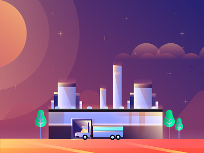 Factory building energy factory glow gradients illustration semi trees truck