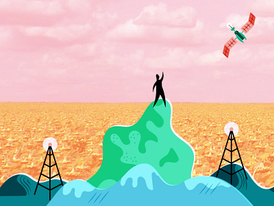 Gettin' Wacky cell towers character color overlay communication illustration landscape mixed media satellite