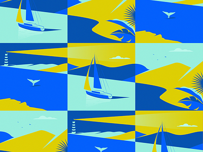 evasion affiche blue boat graphic illustration illustrator cc lighthouse ocean sailboat sea vector whale yellow