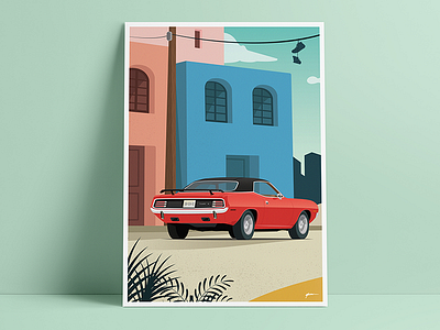 Poster Dodge Challenger affiche city illustration oldschool poster art vector