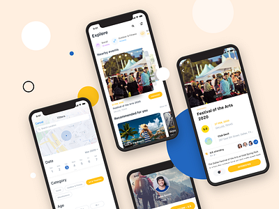 Social Events App Screens app app concept app design calendar calendar ui cards carousel dashboard design events events app interaction ios app location mobile app design occassions schedule social app ui ux
