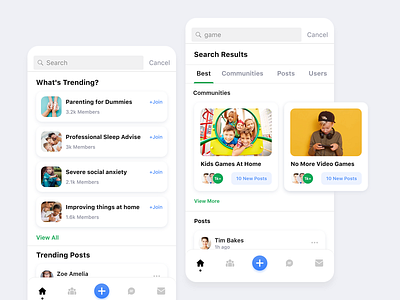 Social Parenting Community App Search Results app community family feed ios kids parents photoshop pixvoice search search results social ui ux xd