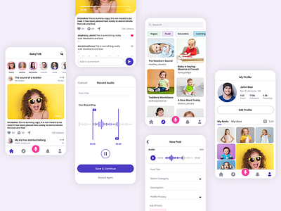 Social media app for parents and babies app design audio recording babies cards carousel design feed home screen interaction ios app kids app mobile app mobile app design parents app recording social app socialmedia ui uidesign ux