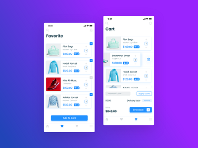 E-Commerce App (Favorite And Cart Screens) adobexd card cart clean design ecommerce ecommerce app favorite shopping app store ui ux design wallet wishlist