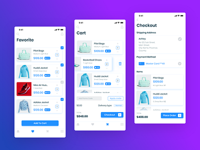 E-commerce app (favourite, cart and checkout screen) address book adobexd app store checkout clean design ecommerce ecommerce app items payment shopping ui ux design