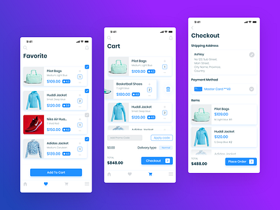 E-commerce app (favourite, cart and checkout screen)