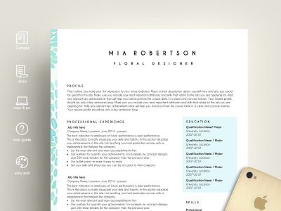 creative resume template word / floral feminine clean resume creative creative resume curriculum vitae cv template download free minimal resume modern modern resume professional resume resume template template word