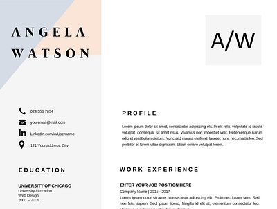 Resume Template | CV Cover Letter - Angela Watson clean resume creative resume curriculum vitae cv template modern modern resume professional resume resume template template