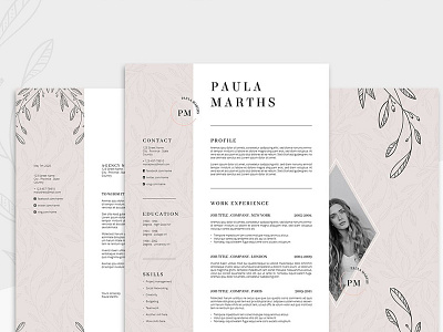 FLORAL Resume/CV + Cover Letter cover cv cv template flower ilustrator job modern original pink psd resume template