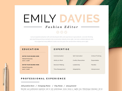 Resume Template 1 page | "Davies" creative resume curriculum vitae cv cv template design doc illustration logo modern resume professional resume resume template ui