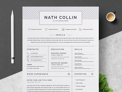 One Page Resume / CV Template a4 clean resume creative resume curriculum vitae cv cv template design doc minimal minimal resume modern modern cv modern resume professional professional resume resume resume template template us letter word template