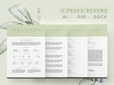 3 Page Green Resume / CV Template M a4 clean resume creative resume curriculum vitae cv cv template design doc illustration minimal minimal resume modern modern cv modern resume professional professional resume resume resume template template word template