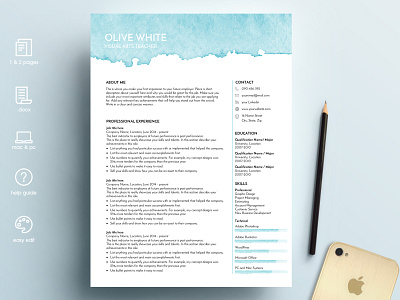 Resume Template / Blue Watercolor blue blue watercolor clean resume cv cv design cv template design elegant resume minimal resume modern resume professional resume resume resume design resume template resumes simple resume templates watercolor watercolor template word resume