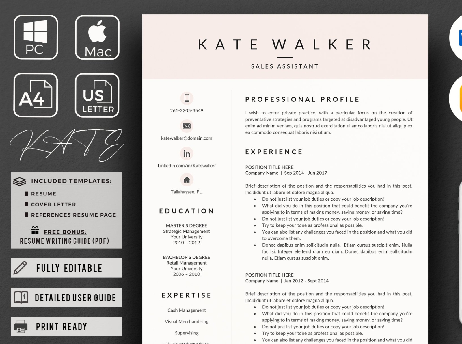 Resume Template for Word Professional Resume Instant Download CV Resume and Cover Letter and References Simple Resume with Social Icons