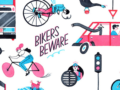 Bikers Beware bicycle blue bright cars editorial gouache illustration ink magenta people pink watercolor