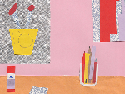 Back to Work, part 1 collage desk glue illustration paper pattern pencils pens pink yellow