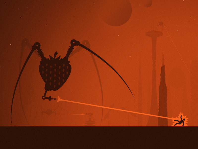 Strawbs Attack space aliens stars buildings futuristic sci-fi city future illustration attack laser strawberry
