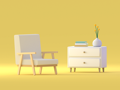 Cozy and Yellow b3d blender blender3d books chair clean cycles furniture illustration plant vase