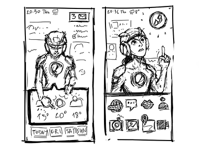 Humanoid Virtual Assistant Homescreen Sketches ai assistant futuristic homescreen megaman mobile rough sketch smartphone ui virtual assistant wire frame wireframe