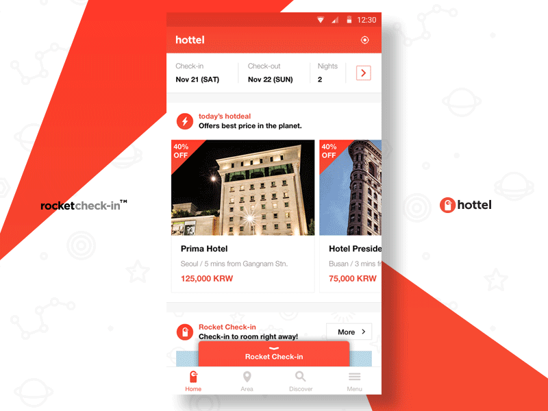 hottel - rocket check-in android app card cardkey flat hotel hottel material material design mobile travel