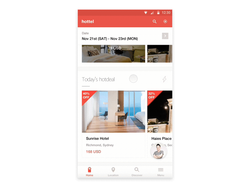 hottel - main android app card flat hotel hottel material material design mobile principle travel