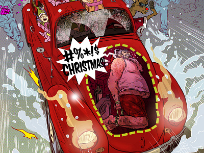 No country for old Santas car christmas digital color editorial illustration ink photoshop santa