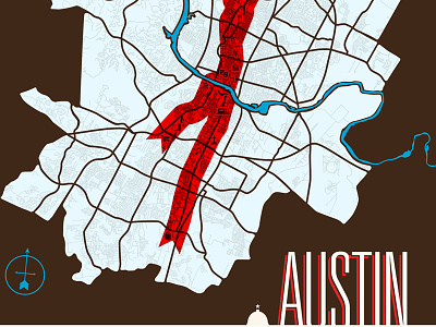 Austin Map art austin blue brown capital cartography compass hipster map neighborhood poi poster red retro ribbon river roads screenprint transit