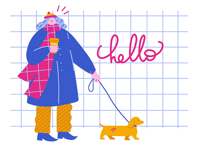 Hello, Dribbble! character coffee color dog hello illustration ipad drawing ipad pro procreate walk woman