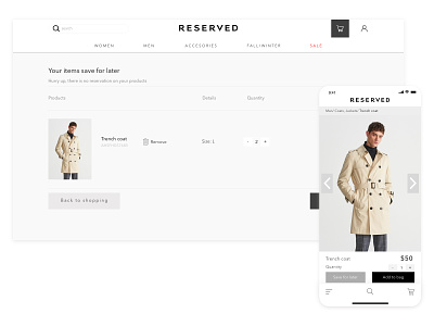 Concept for Reserved - with feature "Save Checkout For Later" app apple checkout clean concept design divante ecommerce ecommerce design ios iphone product progressive web app pwa save ui white
