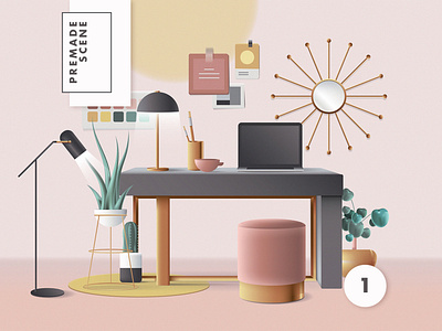 3D Workspace Scene Creator 3d 3d illustration 3d workspace colorful colors design geometric header mid century mid century modern office space retro illustration ui vector web illustration work from home