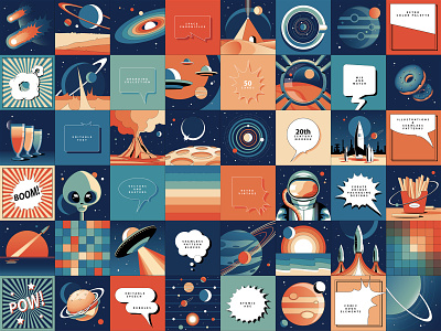 Space Chronicles Branding Collection alien astronaut atomic age branding burger comic book french fries graphic design illustration mid century packaging design planets retro space speech bubbles ufo universe vector vintage visual identity