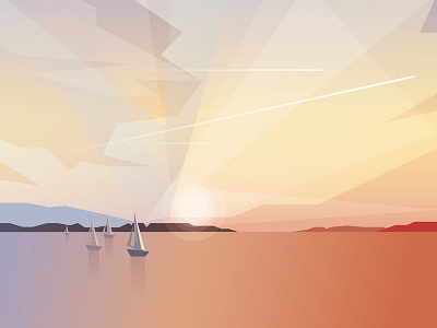 Ocean View Landscape With Sailing Boats colorful sunset geometric illustration landscape minimalism ocean sailing boats summer vector