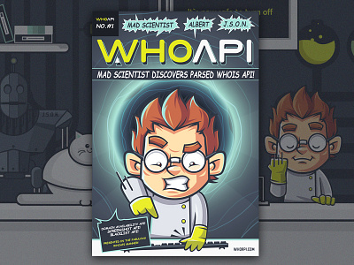 WhoAPI Explainer Video cat comic book cover layout explainer video illustration lab retro robot scientist vector whoapi