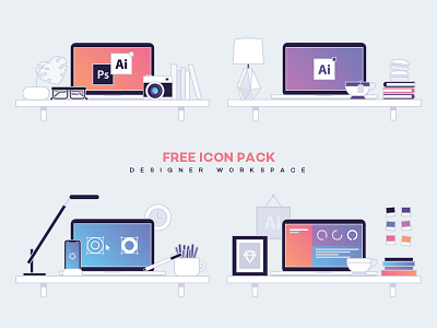 FREE! Designer Workspace colorful designer desk designer workspace free icon pack gradients illustrations line art line icons office space vectors web icons