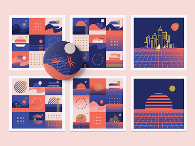 Rising Sun Branding Collection abstract branding city skyline geometric geometric patterns gradient illustration living coral old school red sunrise retro rising sun seamless patterns summer synthwave vector