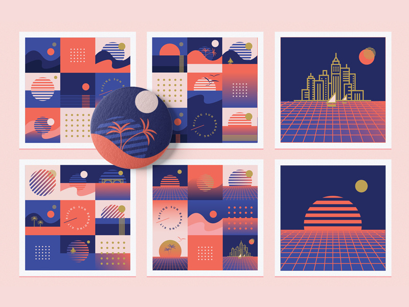 Rising Sun Branding Collection old school gradient city skyline summer branding geometric patterns seamless patterns red sunrise rising sun synthwave retro living coral abstract geometric illustration vector