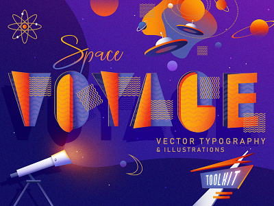 Space Voyage Vector Typography And Illustrations atomic age colorful illustration mid century modern outer space retro font retro futurism retrowave ufo universe vector vibrant colors