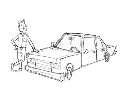 Proud car owner pencil scribble sketch