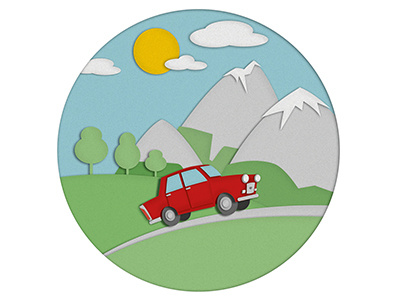 Driving through the mountains classic car illustration papercut vector