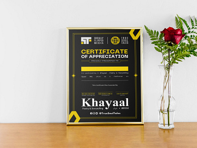 KHAYAAL BY TST - POETRY SHOW PARTICIPATION CERTIFICATE branding certificate design graphic design illustration logo poster typography