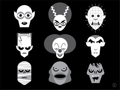 Halloween monsters for Instagram Vectober 2018 black and white bride of frankenstein character design creature from the black lagoon dracula frankenstein frankensteins monster halloween hellraiser illustration illustrator inktober 2018 monsters nosferatu pennywise pinhead themummy vectober2018 vector zombie